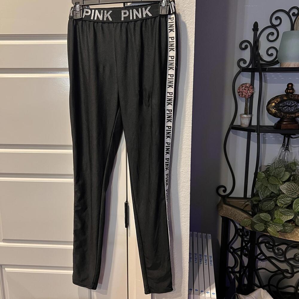 PINK Black Leggings with Logo Waistband and Side Stripe